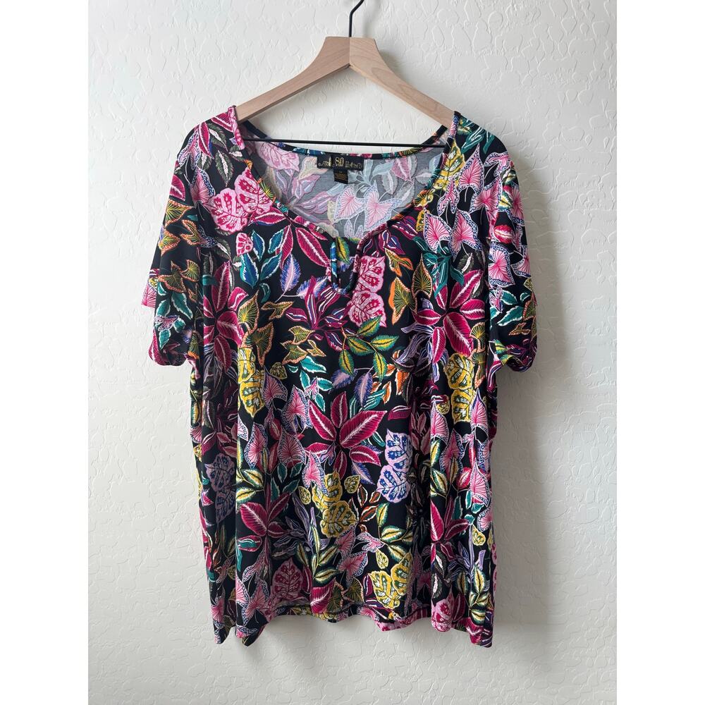 80 Park Floral V Neck Stretchy Tee Shirt Blouse Short Sleeve 3X